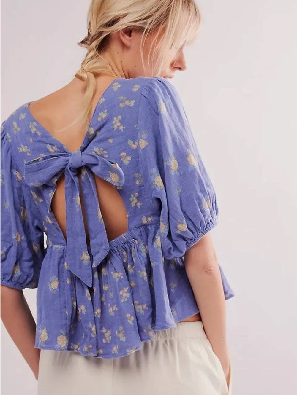 Free People Chloe Printed Cotton Cutout Tie-Back Top Purple Floral Size Large